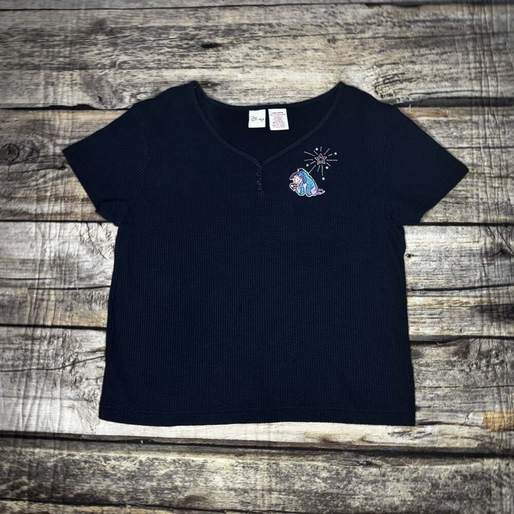 Vintage Disney Eeyore Waffle Knit Henley Shirt Womens Large Navy Patriotic Y2K